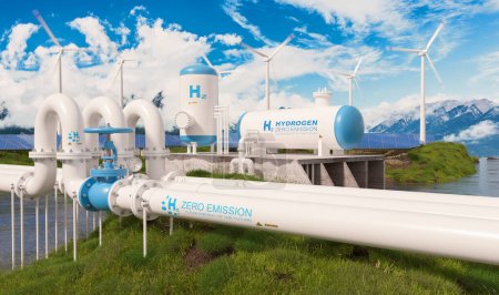 Moderno sistema de almacenamiento de energía de hidrógeno acompañado por una gran planta de energía solar y parque de turbinas eólicas en la soleada luz de tarde de verano con cielo azul y nubes dispersas