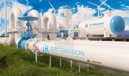sistema de almacenamiento de energía de hidrógeno acompañado por un gran gasoducto y una planta de energía solar y un parque de turbinas eólicas en la soleada luz de la tarde de verano con cielo azul y nubes dispersas