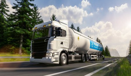 Hydrogen logistics concept. Truck with gas tank trailer on the forest road. New Energy concept image