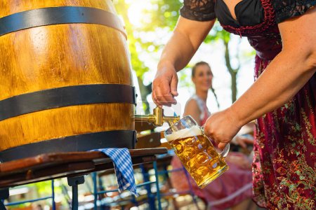 Bavarian Waitress in Tracht, Dirndl  is pouring a large lager beer in tap from wooden beer barrel in the beer garden. Background for Oktoberfest, folk or beer festival (German for: Ozapft is!) 