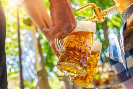Bavarian man is pouring large lager beers in tap from wooden beer barrel in the beer garden. Background for Oktoberfest or Wiesn, folk or beer festival (German for: Ozapft is!) 