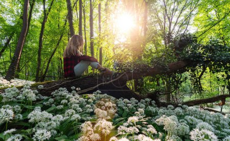 Photo for Young girl in casual clothes sitting on a big tree trunk and looking at the beautiful sunset on a wild garlic field in a forest - Royalty Free Image