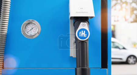 Photo for Aachen, Germany, January 2021: hydrogen logo on gas stations fuel dispenser. h2 combustion engine for emission free eco friendly transport.hydrogen logo on gas stations fuel dispenser. h2 combust - Royalty Free Image