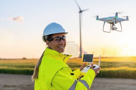 Téléchargez les photos : Happy Female Operator inspecte l'éolienne avec drone au coucher du soleil. Image concept d'inspection de drones. parc éolien d'énergie renouvelable en Europe - en image libre de droit