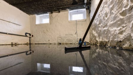 Téléchargez les photos : Dommages causés par l'eau au sous-sol sous l'eau avec moisissure sur le mur et extracteur - en image libre de droit