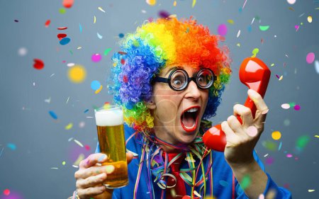 Foto de Fiesta mujer gritando en rojo manija del teléfono con cerveza celebrando alemán Fasching Carnaval confeti Caída en colores coloridos - Imagen libre de derechos