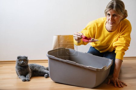 Photo for Woman cleaning the little box or cat toilet and a Cute scottish fold cat lying on the ground, feeling stinky, with copyspace for your individual text. - Royalty Free Image