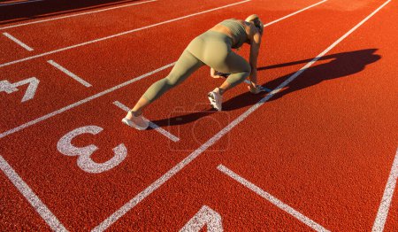 Photo for Runner in starting position on a red track, sunlight casting shadow, athletic gear, fitness - Royalty Free Image