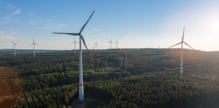 wind turbines stand above a dense forest in a sunlit aerial landscape