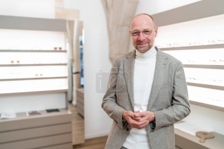 smiling optician with glasses in a store. He has his hands clasped and is standing in an eyewear store.