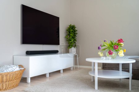 Foto de Diseño interior de una acogedora sala de estar con TV, alfombra blanca, mesa de café y flores en un jarrón, paleta beige