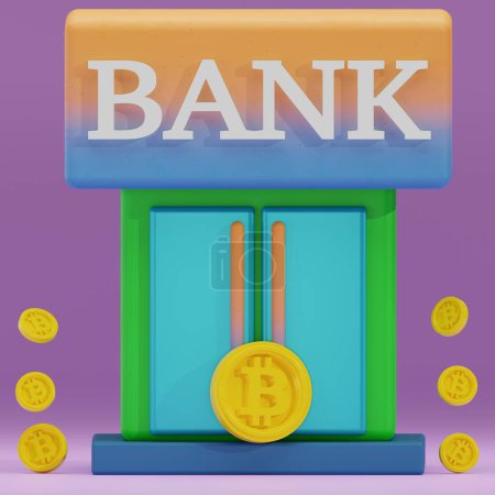 Photo for 3D Online banking icon, saving money, bank and coin laying on the floor, bitcoin - Royalty Free Image