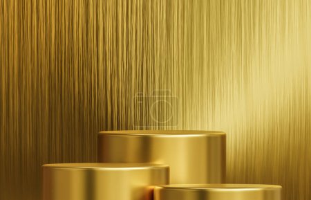 Foto de Realista escena de podio de tres productos en blanco dorado aislado sobre fondo dorado. Forma redonda metálica geométrica para el branding del producto - Imagen libre de derechos