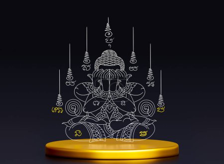 Foto de Símbolo del tatuaje Talismán de Phra Pid Ta - en un pedestal círculo dorado sagrado, 3d - Imagen libre de derechos