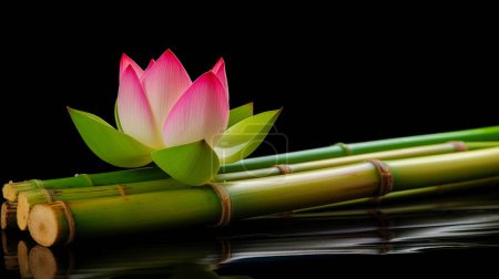 horizontal view of a beautiful pink lotus flower and green trunks of bamboo on black background made with Generative AI