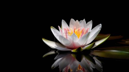 horizontal view of a white lotus flower with reflection on black background, made with Generative AI