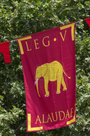 vista vertical de la bandera de la legión romana V, alaudae
