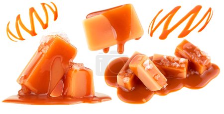 Köstliche Süßigkeiten - Golden Butterscotch Toffee Bonbons Karamelle und flüssige Karamellsoße isoliert auf weißem Hintergrund. Sammlung.