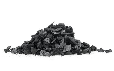Téléchargez les photos : Xylanthrax - pile de morceaux de charbon isolés sur un fond blanc. - en image libre de droit