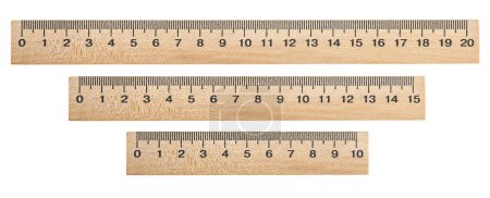 Collection of wooden rulers isolated on a white background, top view.-stock-photo