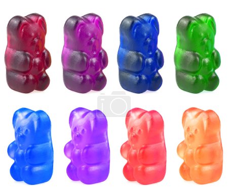 Sweet candy food - set of colorful beautiful jelly bears on a white background. Menthol, lemon, blueberry, orange and strawberry flavors.