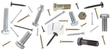 Photo for Different screws, bolts and nuts isolated on a white background, top view. - Royalty Free Image