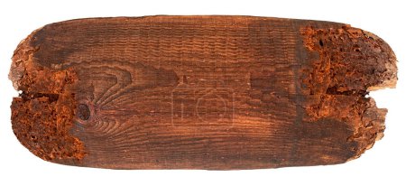 Foto de Tablero de madera de pino envejecido aislado sobre un fondo blanco. Antigua viga de madera ovalada. - Imagen libre de derechos