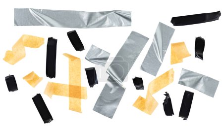 Foto de Conjunto de cinta adhesiva de papel, cinta aislante negra y cinta autoadhesiva de plata sobre fondo blanco. - Imagen libre de derechos