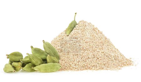 Photo for Cardamom ground pods and pile of ground cardamom isolated on a white background. Cardamomum seasoning or elaichi. - Royalty Free Image