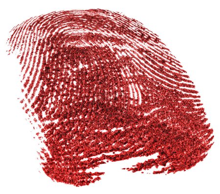 Nahaufnahme eines roten Fingerabdrucks isoliert auf weißem Hintergrund. Blutiger Fingerabdruck. Fingerabdruck mit Blut gemacht.