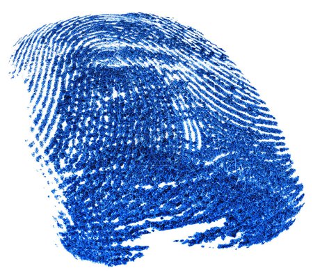 Großaufnahme des blauen Fingerabdrucks isoliert auf weißem Hintergrund. Farbige Fingerabdrücke. Fingerabdruck mit Tinte.