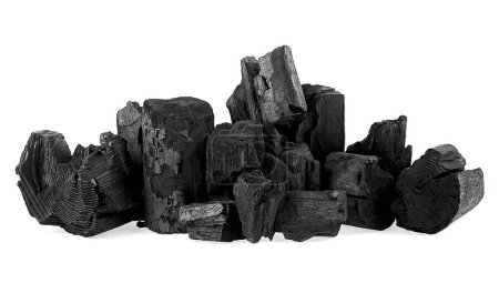 Photo for Pile of traditional black activated charcoal pieces isolated on a white background. Natural wood charcoal. - Royalty Free Image