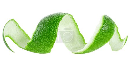 Peel of fresh ripe lime isolated on a white background. Curly lime peel twist. Zest of lime.