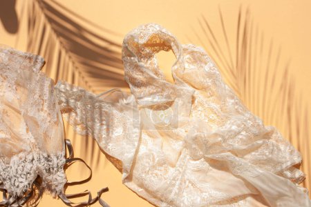 Foto de Body de encaje y bolsa de lencería. Tendencia de sombras contrastantes de hojas de palma sobre un fondo de melocotón - Imagen libre de derechos
