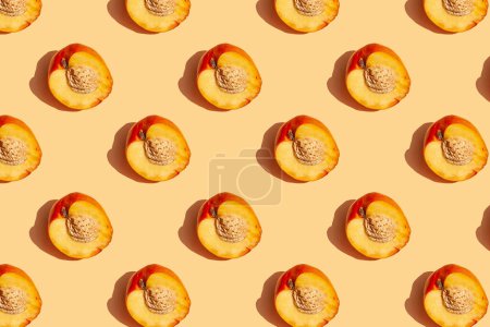 Photo for Peach slice on peach background seamless pattern. Flat Lay Style - Royalty Free Image