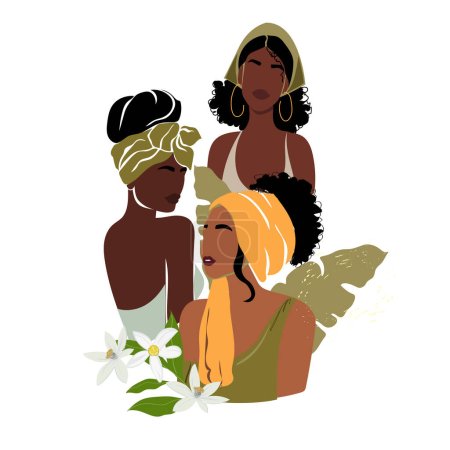 Ilustración de Un grupo de hermosas mujeres negras. Moderno piso de estilo laico. Retrato femenino. Diseño para pancarta, póster, volante, impresión de camiseta - Imagen libre de derechos