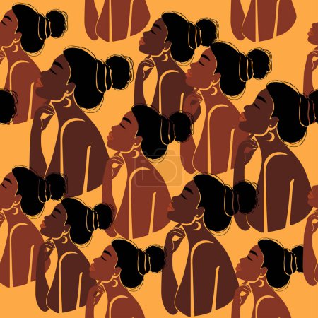 Illustration for Abstract portrait black women seamless pattern on an orange background. Contemporary African american female. Vector illustration in flat style - Royalty Free Image