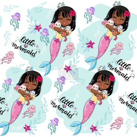 Ilustración de Hermosa sirena afroamericana y colorido patrón de peces sin costura. Ilustración vectorial aislada sobre fondo blanco. Impresión para camiseta infantil - Imagen libre de derechos