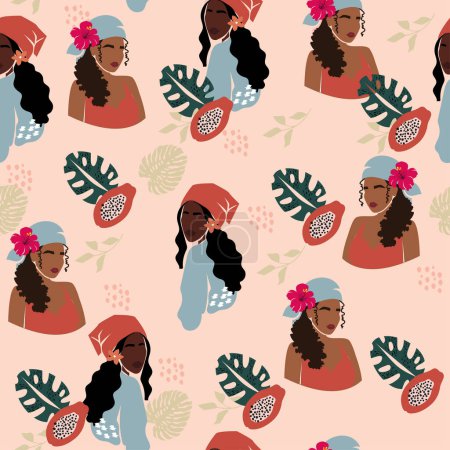 Illustration for Beautiful black women and tropical leaves seamless pattern. Modern flat lay style. Design  for banner, poster, flyer, t-shirt print - Royalty Free Image