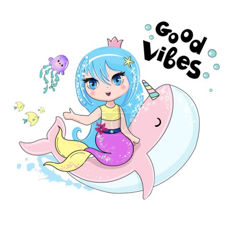 Ilustración de Hermosa sirena en una ballena rosa en estilo anime. Ilustración vectorial aislada sobre fondo blanco. Impresión para camiseta infantil - Imagen libre de derechos
