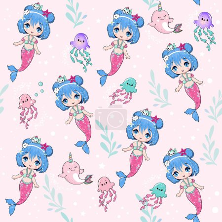Illustration for Beautiful mermaid and colorful jellyfish in anime style seamless pattern. Vector illustration on a pink background. Print for children's T-shirt - Royalty Free Image