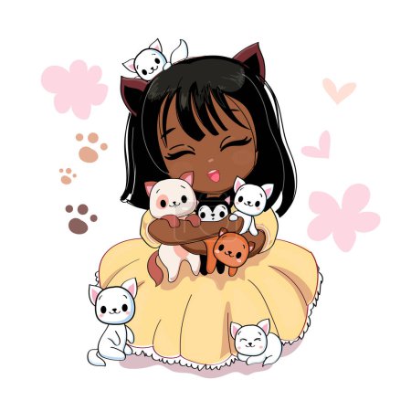 Ilustración de Linda chica de dibujos animados anime negro con gatitos pequeños. Impresión de ilustración vectorial para camiseta - Imagen libre de derechos