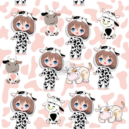 Illustration for Cute cartoon anime girl with in cow costume and little cows on a white background seamless pattern. Vector illustration print for children t-shirt - Royalty Free Image