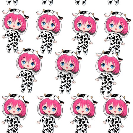 Illustration for Cute cartoon anime girl with pink hair in cow costume on a white background seamless pattern. Vector illustration - Royalty Free Image