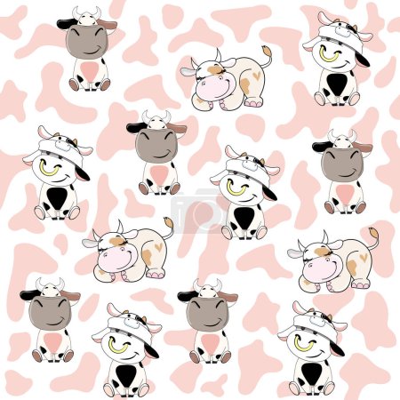 Ilustración de Lindas vacas de dibujos animados sobre un fondo blanco patrón sin costuras. Impresión de ilustración vectorial para camiseta infantil. Estilo Kawaii - Imagen libre de derechos