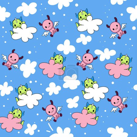Illustration for Cute cartoon funny dragons, cloud seamless pattern. Kawaii style. Vector illustration print for children t-shirt and pajamas - Royalty Free Image