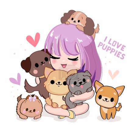 Illustration for Cute cartoon girl in anime style with dogs. Kawaii style. Vector illustration t-shirt print - Royalty Free Image