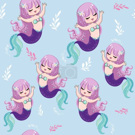 Illustration for Cute cartoon illustration mermaid in kawaii style on a blue background seamless pattern. T-shirt art, pajamas anime girl - Royalty Free Image
