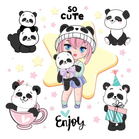 Illustration for Cute collection with cartoon anime girl and panda toys. Vector illustration print for t-shirt - Royalty Free Image