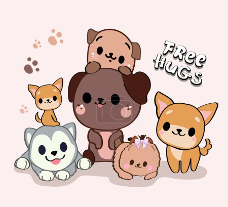 Ilustración de Lindos perros kawaii. Impresión de ilustración de dibujos animados vectoriales para camiseta infantil - Imagen libre de derechos